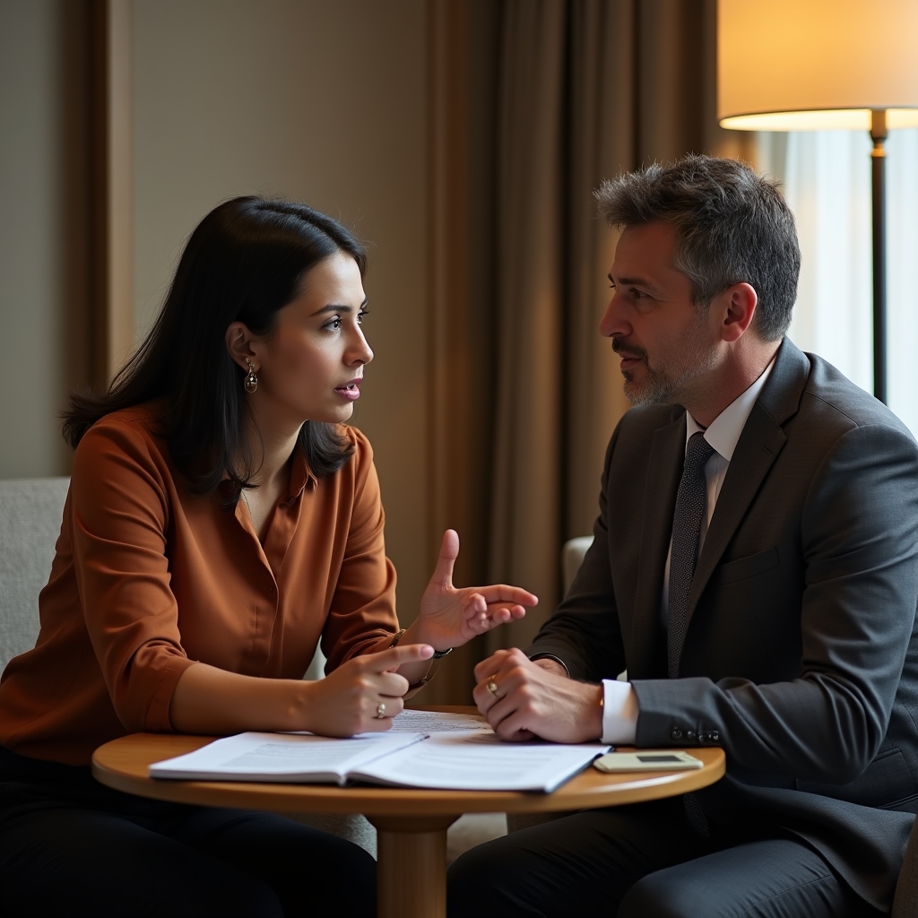 Consultant and logistics manager discussing a delay report at a table