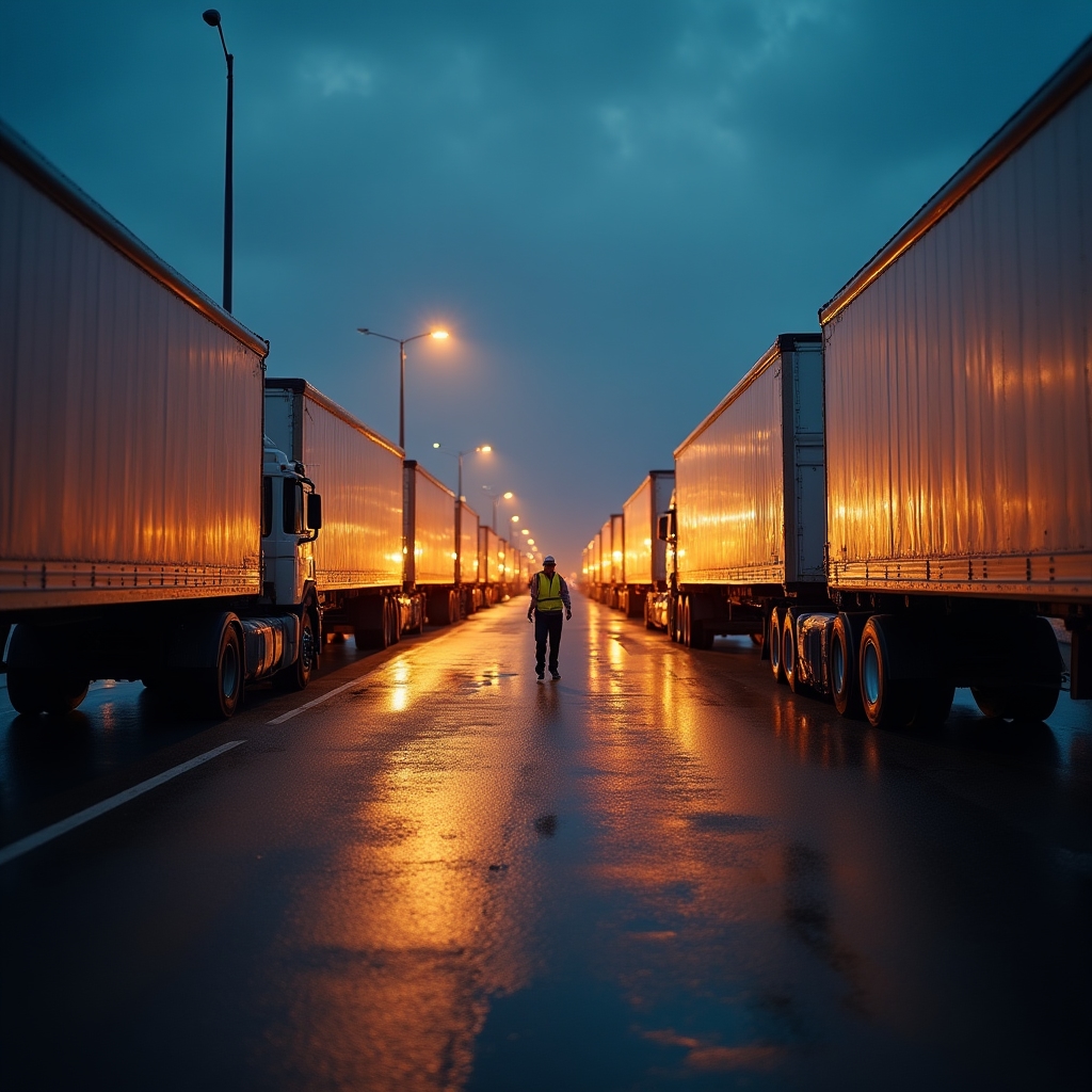 Trucks staged at a regional logistics yard at dusk
